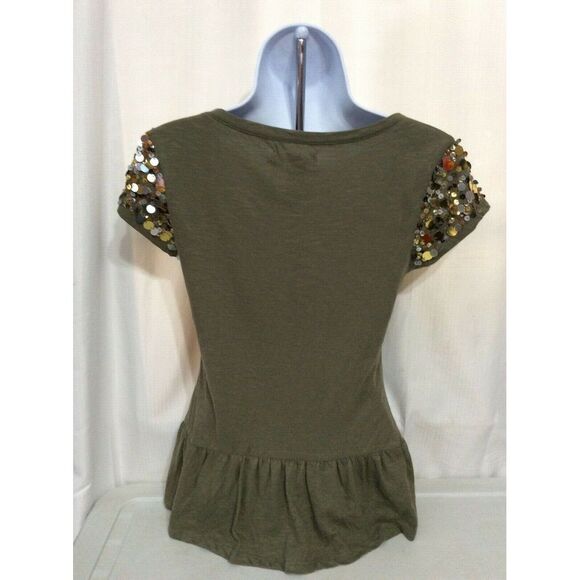 Eye Candy Women’s Size Medium Olive Green Cap Sequined Sleeve Top Scoop Neck Pep - Picture 3 of 7